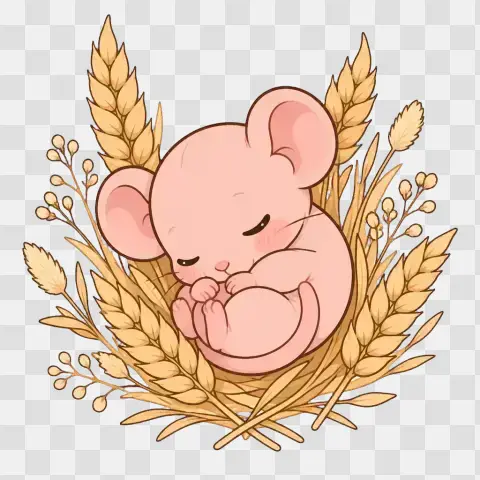 Kawaii Harvest Mouse Baby Pinkie Nestled In Wheat