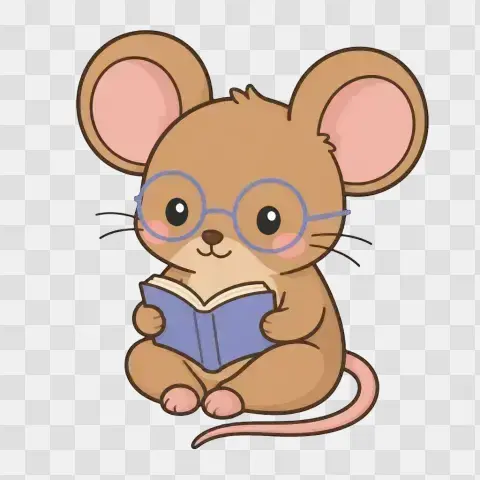 Kawaii Wood Mouse Reading Spectacles And Open Book