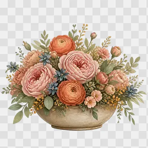 Low Bowl Centerpiece Folk Gouache Floral Clip Art