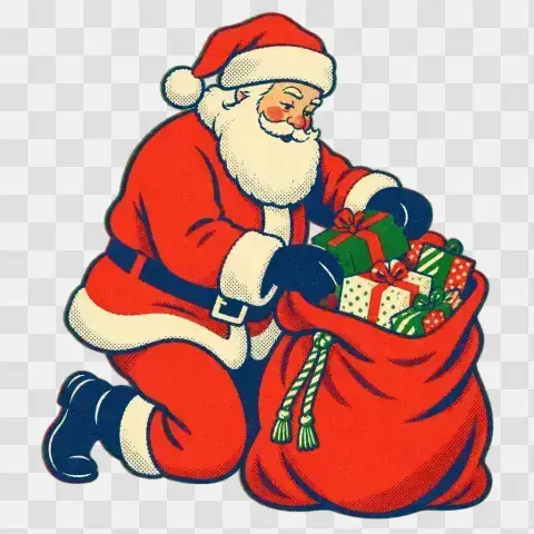 Santa Packing Gifts Three Quarter View Retro Clip Art