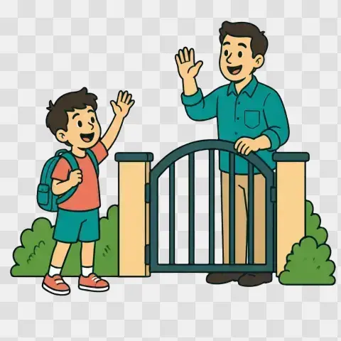 Wave Hello Two Friends Greeting At A Gate