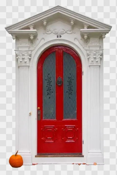 Ornate White Portico With Red Door
