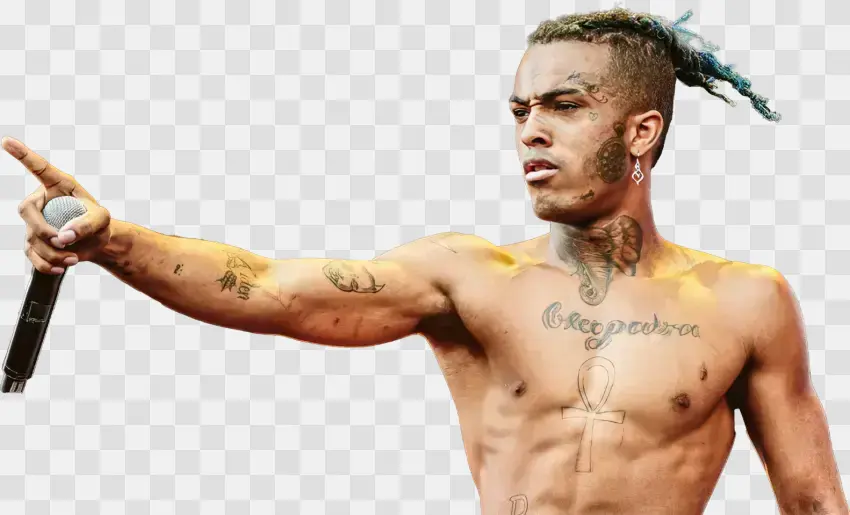 Tattooed Rapper Holding Microphone Pointing
