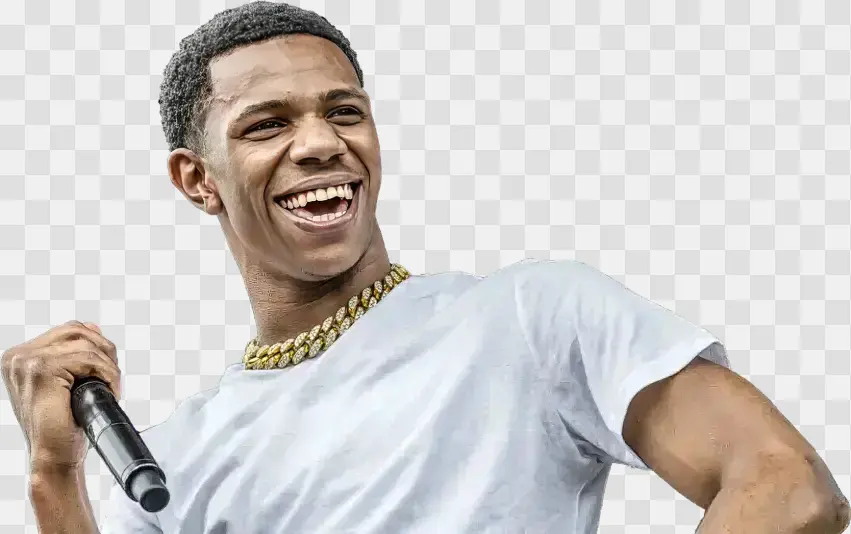 Smiling Musician Holding Microphone On Stage