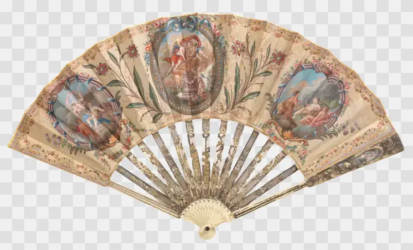 Ornate Antique Hand Fan With Classical Medallions
