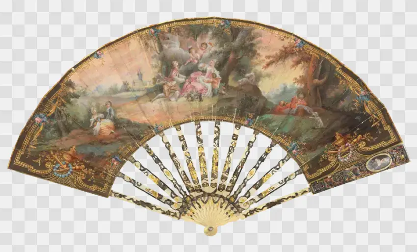 Antique Hand Fan With Painted Pastoral Scene